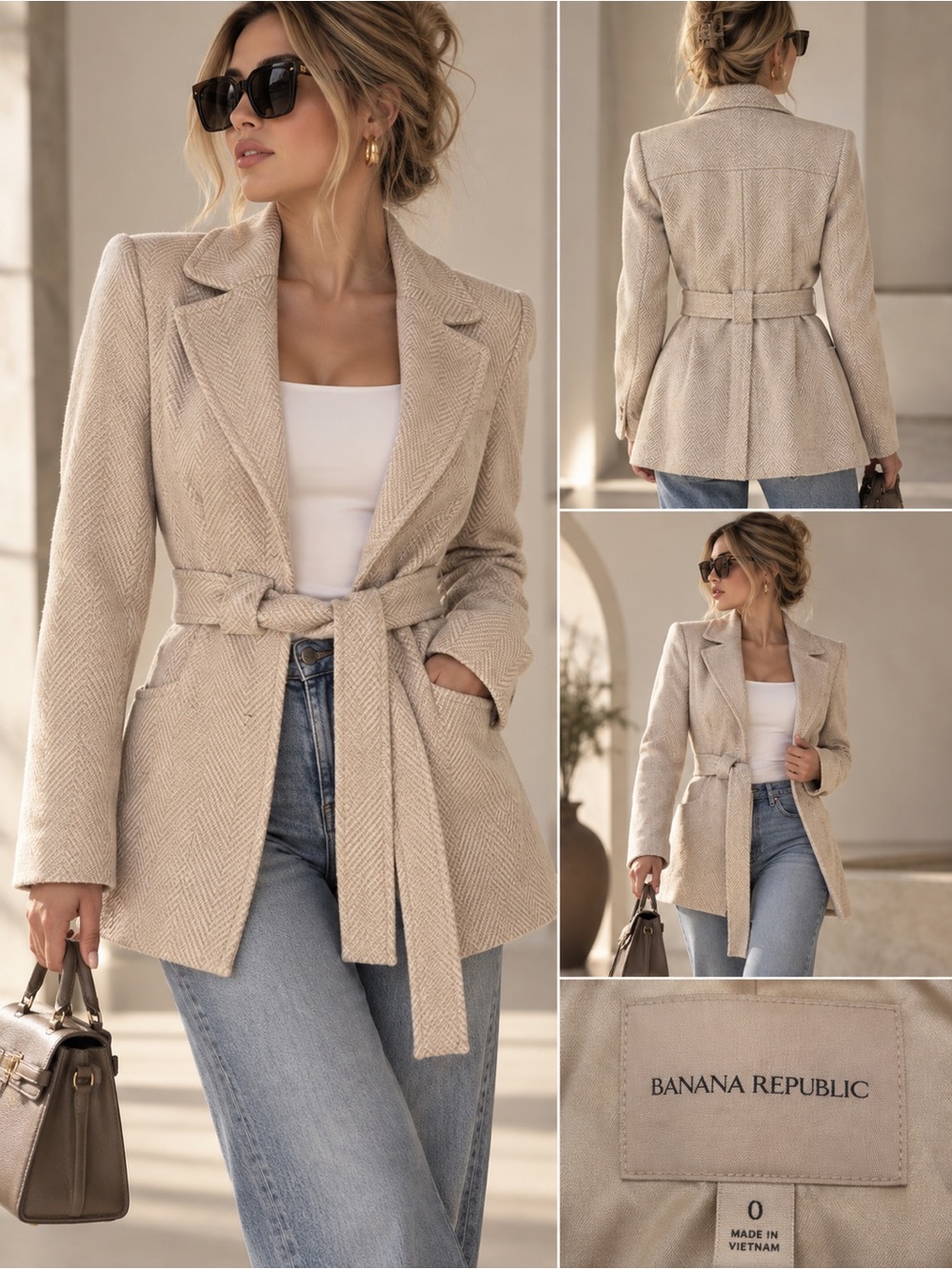 Banana Republic Women's Light Cream Belted Blazer Jacket